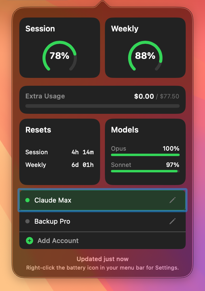 Claude Battery popover showing session and weekly usage gauges, model breakdown, and account switcher